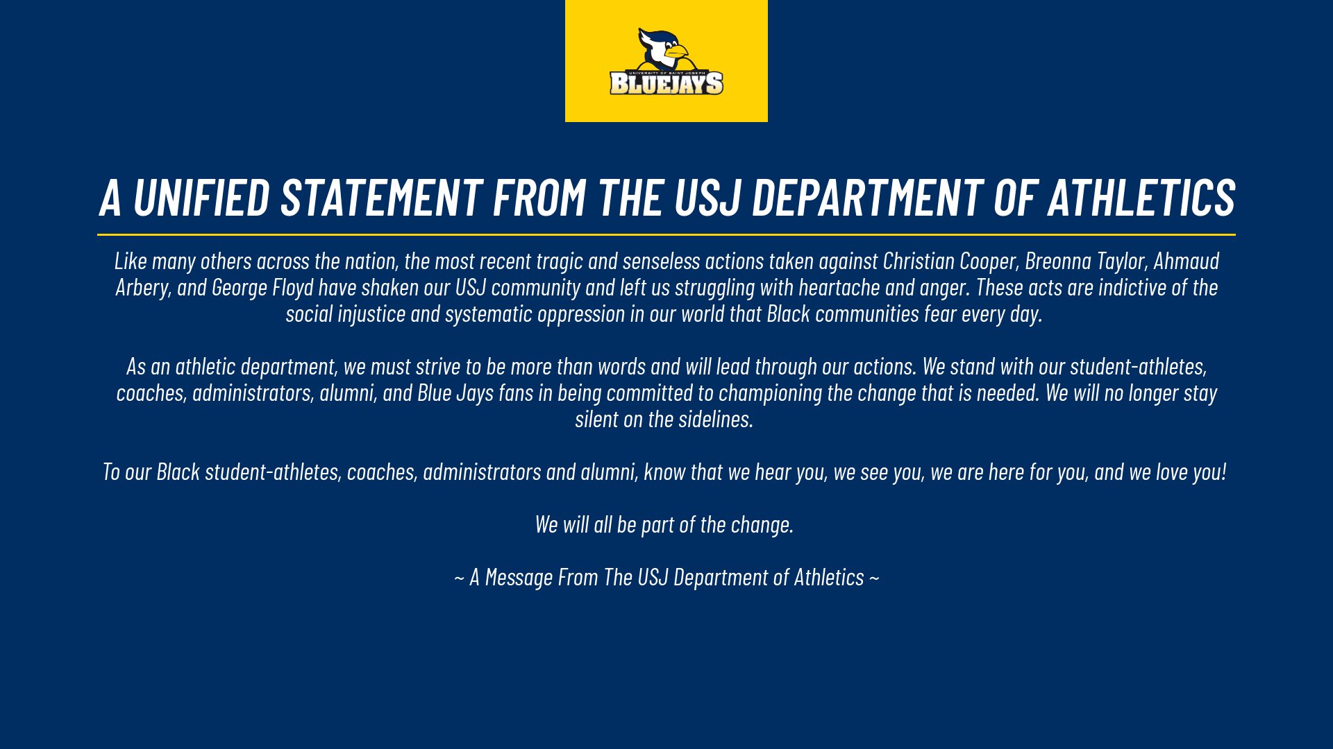 A Unified Statement From The USJ Department of Athletics
