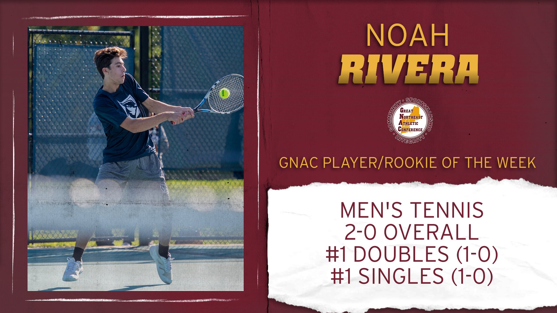 Rivera Earns First-Ever Men's Tennis Weekly Awards, Named GNAC Player and Rookie of the Week